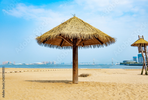 Thatched pavilion on the beach in Sands Bay  Zhanjiang