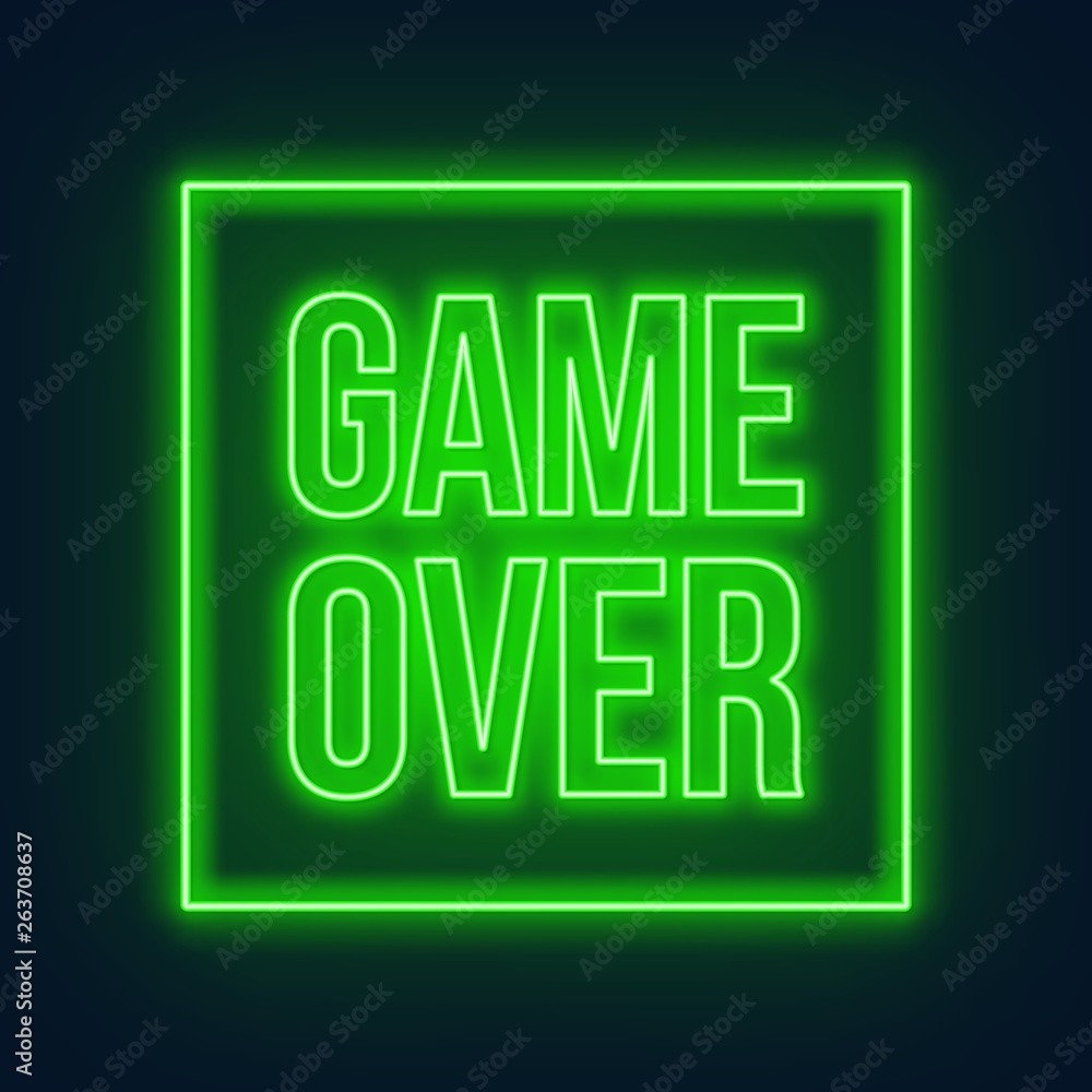 Neon game over green sign on dark background. Vector illustration Neon game over green sign on dark background. Vector illustration