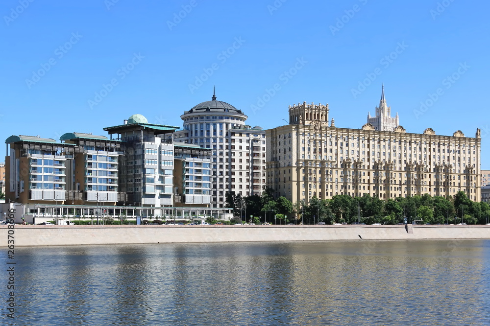 The diverse architecture of the Smolenskaya Embankment of the Moscow River
