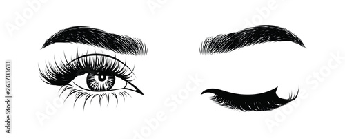 Abstract fashion illustration of the eye with creative makeup. Hand drawn vector idea for business visit cards, templates, web, salon banners,brochures. Natural eyebrows and glam eyelashes