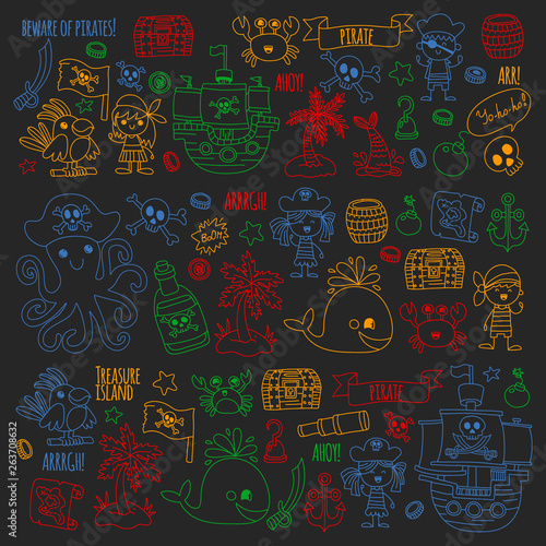 Vector pattern with pirate icons. Adventure, birthday party.