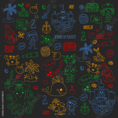 Vector pattern with pirate icons. Adventure, birthday party.