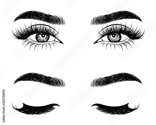 Abstract fashion illustration of the eye with creative makeup. Hand drawn vector idea for business visit cards, templates, web, salon banners,brochures. Natural eyebrows and glam eyelashes