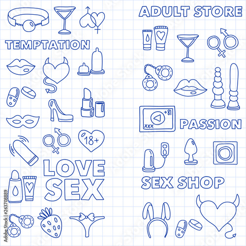 Vector set with sex shop icons. Erotic fetish games background.