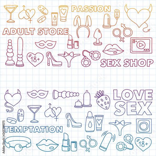 Vector set with sex shop icons. Erotic fetish games background.