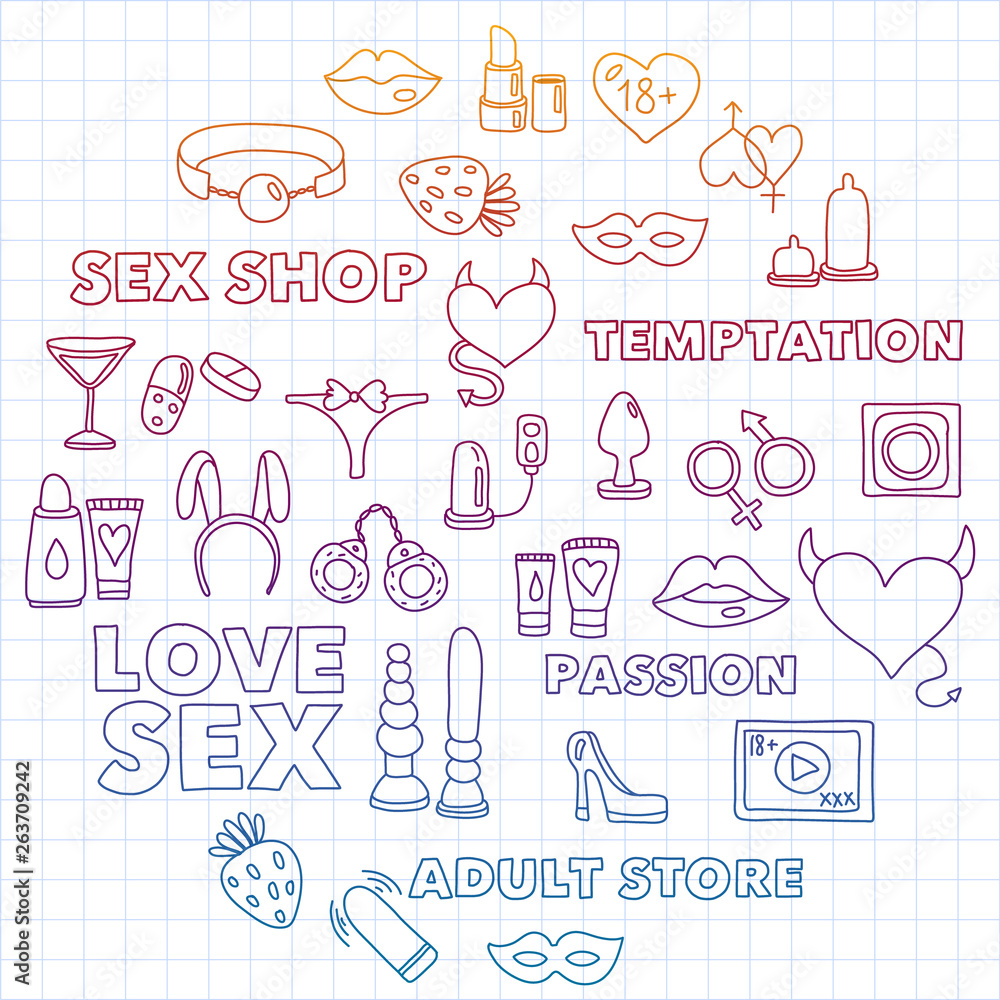 Vector set with sex shop icons. Erotic fetish games background.