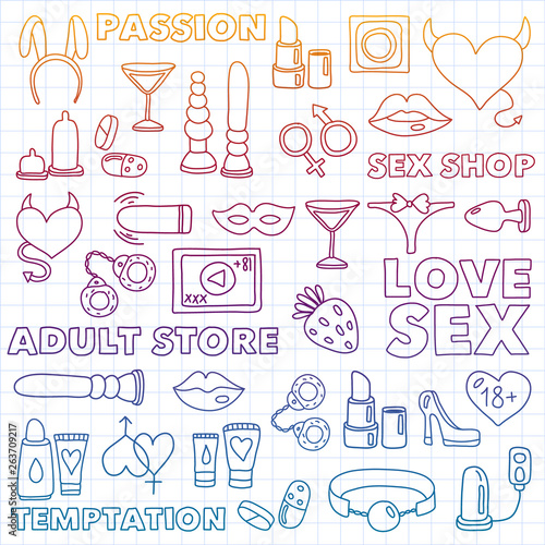 Vector set with sex shop icons. Erotic fetish games background.