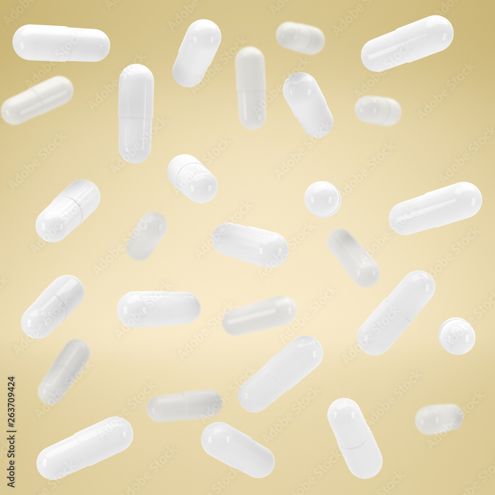 3D White capsule vitamins. White pills in flight. 3d render. 3D image. 3D model 3D White capsule vitamins. White pills in flight. 3d render. 3D image. 3D model