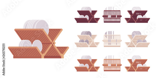 Plate rack set. Dishes, other utensils stored or placed to drain after being washed. Vector flat style cartoon illustration isolated on white background, different views and colors