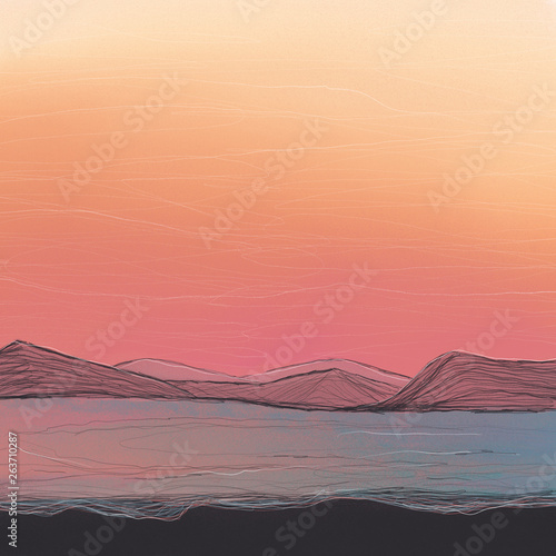 Hand drawn textured sunset landscape.