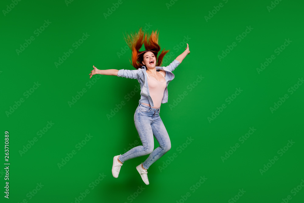 Full length body size view photo pretty charming teen teenager travel summer holidays laugh laughter scream active long straight haircut modern spring clothing fashionable isolated green background