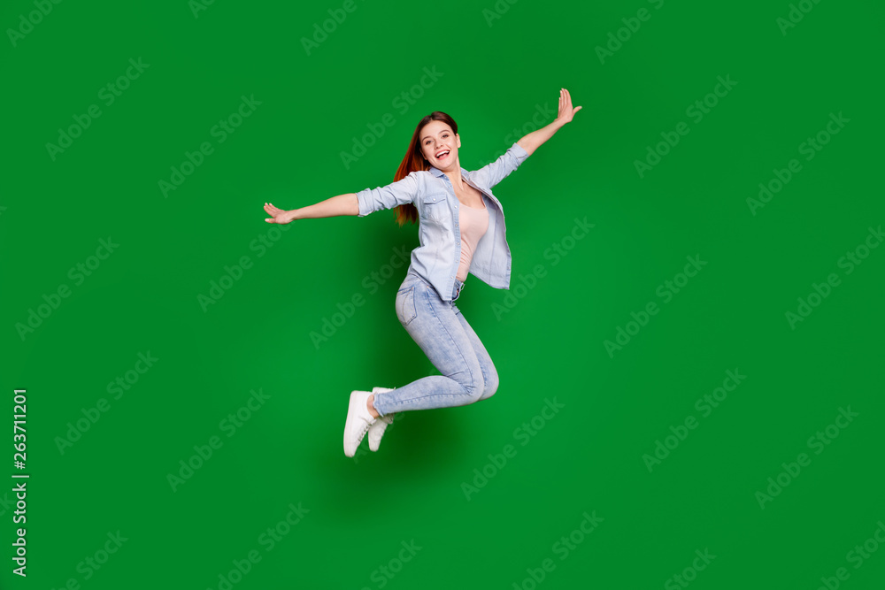 Full length body size view portrait of her she nice-looking attractive lovely slim fit thin cheerful cheery glad girl having fun time isolated over bright vivid shine green background Full length body size view portrait of her she nice-looking attractive lovely slim fit thin cheerful cheery glad girl having fun time isolated over bright vivid shine green background
