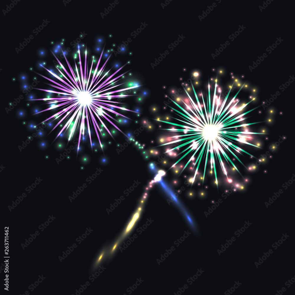 Fototapeta premium Vector Colorful Fireworks, Festive Shining Elements on Dark Background.