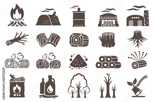 Technology production of charcoal energy from trees(icon).