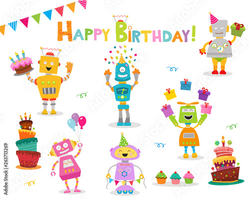 Cute Birthday Robot Character Set 