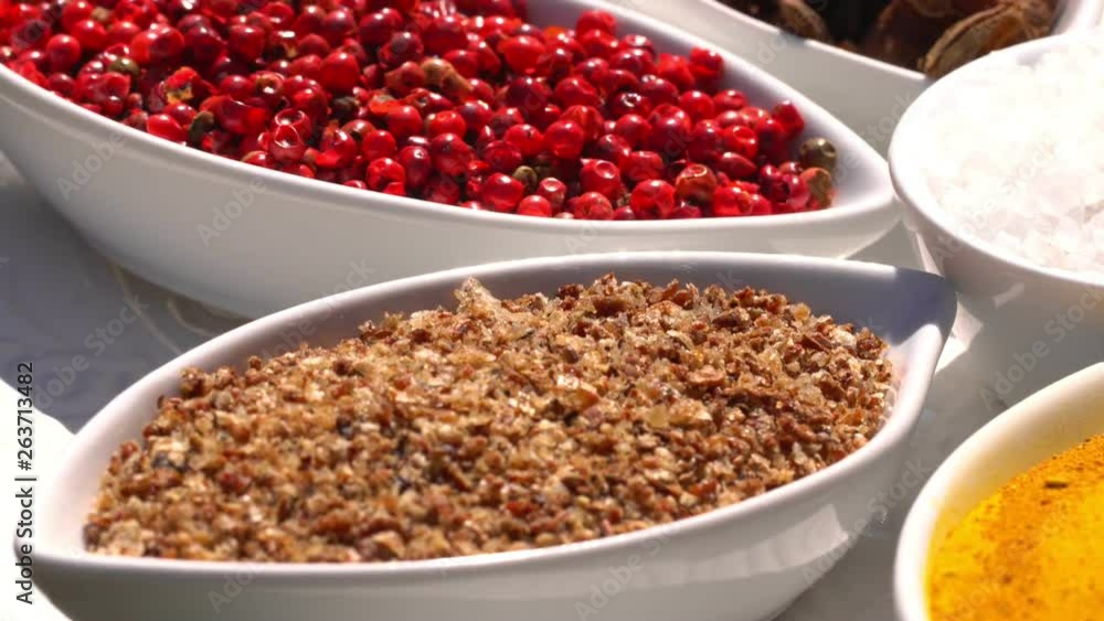 Spices. Various Indian. Spice and herbs rotate. Assortment of Seasonings, condiments. Cooking ingredients, flavor. 4K video Beautiful view Spices. Various Indian. Spice and herbs rotate. Assortment of Seasonings, condiments. Cooking ingredients, flavor. 4K video Beautiful view