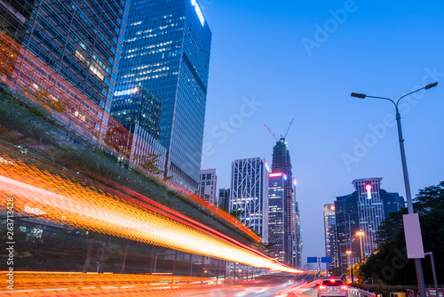 Road City Nightscape Architecture and Fuzzy Car Lights..