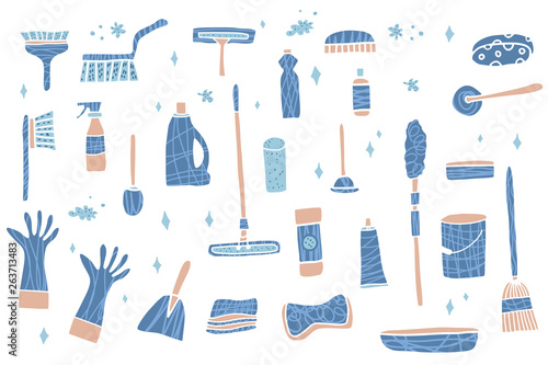 Cleaning tools. Vector set of cleaning equipment. 