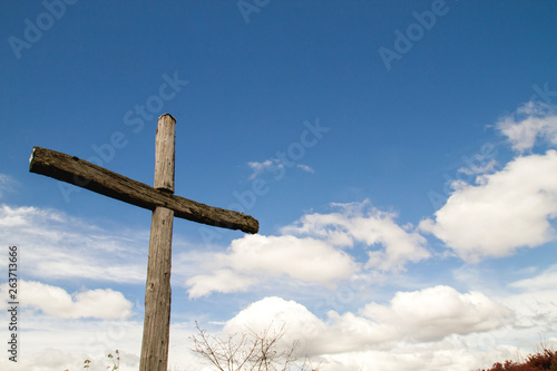 Wooden cross in Camino de Santiago, Galicia, Spain