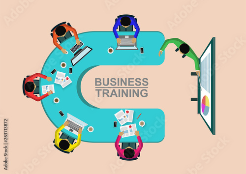 Business training concept. Corporate staff training. business meeting and Planning decisions show top view. illustration cartoon vector
