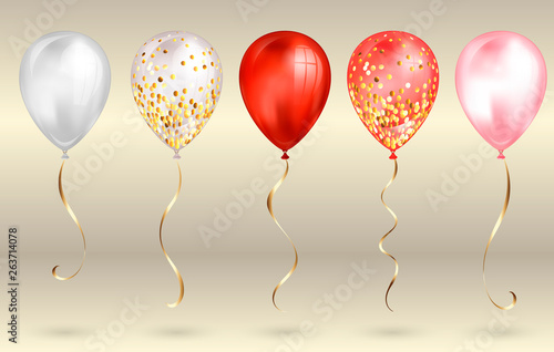 Set of 5 shiny red and gold realistic 3D helium balloons for your design. Glossy balloons with glitter and gold ribbon, perfect decoration for birthday party brochures, invitation card or baby shower