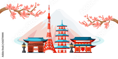 Tokyo cityscape touristic landmarks. Vector illustration. Travel to Japan. Japanese landscape, houses on Fuji background