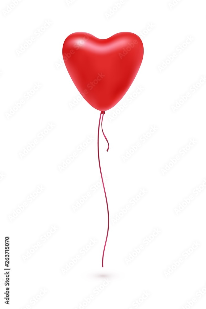 Vector red balloon in form of heart isolated on white background. Festive decoration element for Birthday, Valentines Day, party, wedding. Holiday illustration of flying red balloon with ribbon.