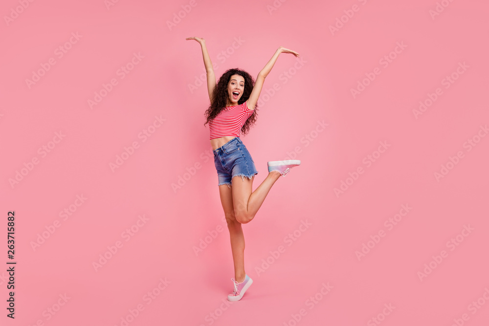 Full length size body photo of cool pretty attractive glad optimistic positive she her lady with tanned white skin raising hands gesturing up isolated vivid background Full length size body photo of cool pretty attractive glad optimistic positive she her lady with tanned white skin raising hands gesturing up isolated vivid background