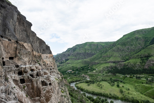 Vardzia is a cave monastery site excavated from Erusheti Mountain on the left bank of the Mtkvari River, near Aspindza