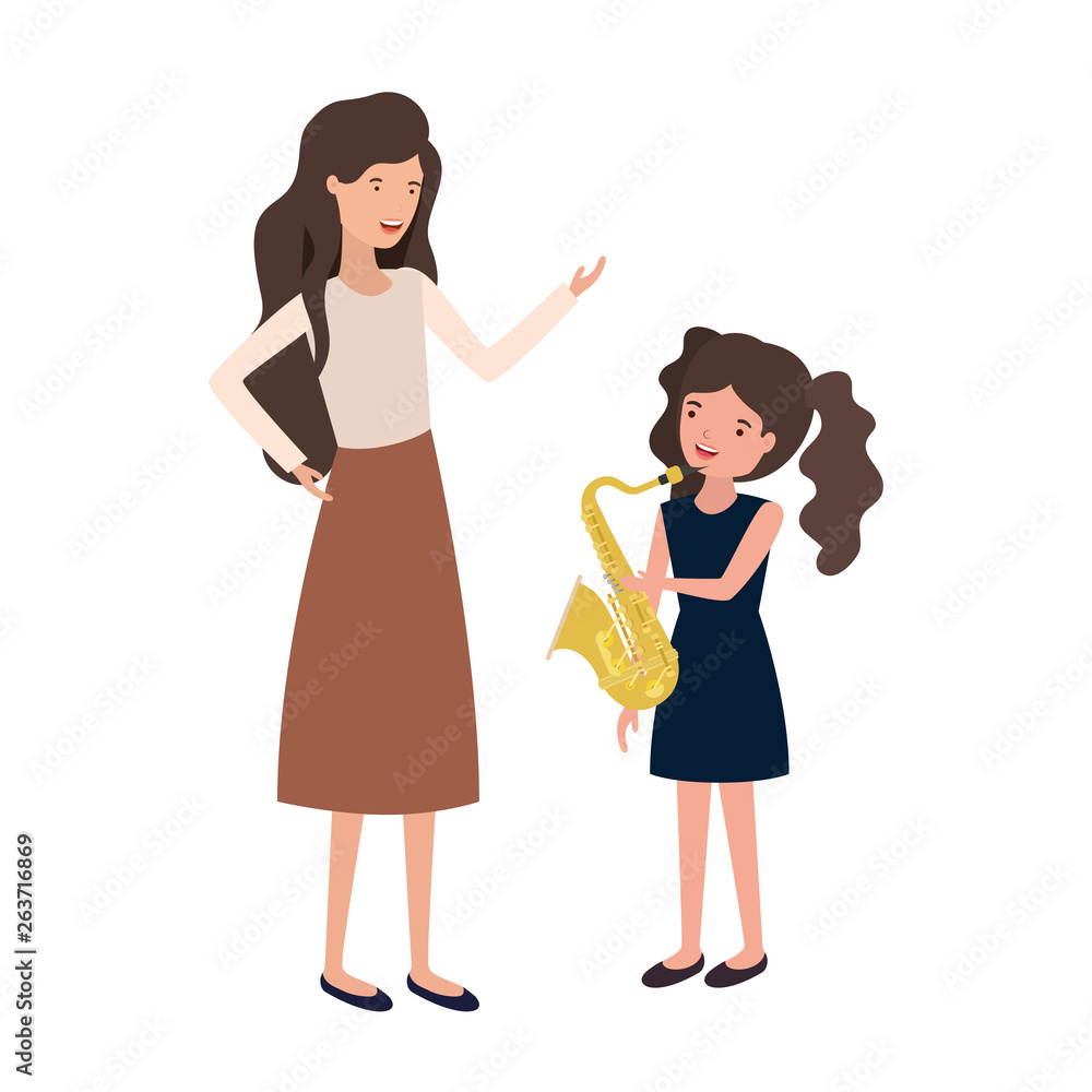 woman with daughter and saxophone avatar character woman with daughter and saxophone avatar character
