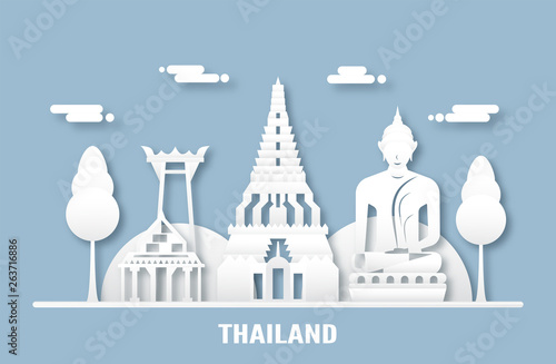 April 03, 2019: Top famous landmark and building of Thailand country for travel and tour. Vector illustration design in paper cut and craft style on blue background.