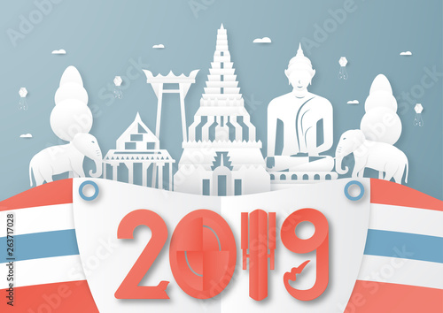 April 03, 2019: Top famous landmark and building of Thailand country for travel and tour. Vector illustration design in paper cut and craft style on blue background.