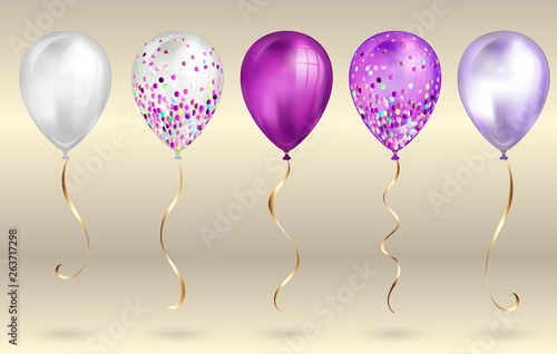 Set of 5 shiny purple realistic 3D helium balloons for your design. Glossy balloons with glitter and gold ribbon, perfect decoration for birthday party brochures, invitation card or baby shower