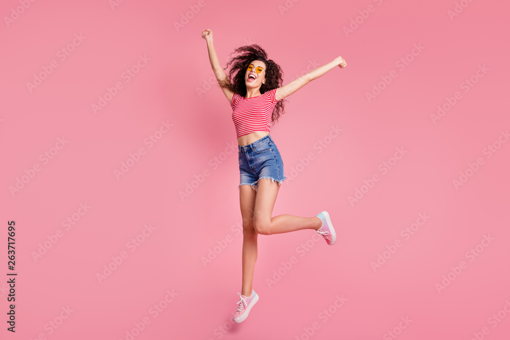Full length body size view portrait of her she nice-looking attractive winsome charming lovely shine feminine cheerful cheery wavy-haired lady having fun isolated over pink pastel background