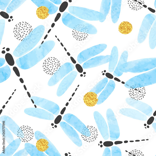 Seamless vector blue watercolor dragonfly pattern.