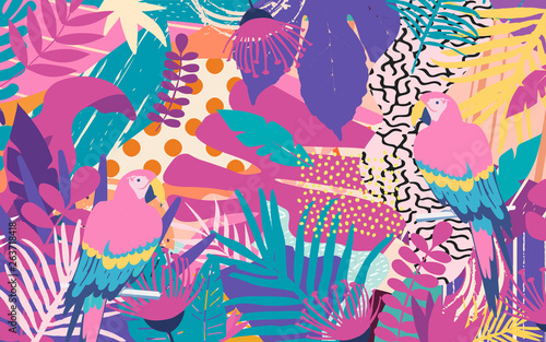 Tropical jungle leaves and flowers poster background with parrots. Colorful exotic leaves, flowers, plants and branches art print. Botanical pattern, wallpaper, fabric vector illustration design