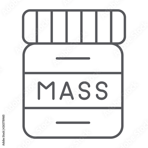 Protein thin line icon, nutrition and bodybuilding, amino bottle sign, vector graphics, a linear pattern on a white background.