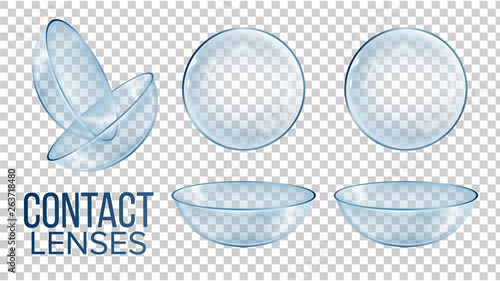 Medical Glass Contact Optical Lenses Set Vector. Realistic Style Medical Device Worn To Correct Vision, Cosmetic Or Therapeutic Help On Isolated Transparent Background. 3d Illustration