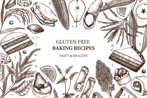 Gluten free baking design. Hand drawn cereal crops sketches. Tasty and healthy food illustration. Farm market products. Great for bakery, packaging, menu, label. Vector pastry and desserts template.