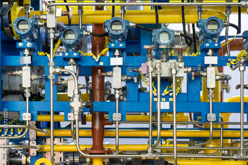 Complex control system of gas equipment. Many pipelines, sensors and digital pressure gauges