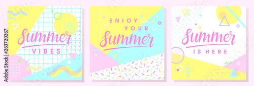 Set of artistic summer cards with bright background,pattern and geometric elements in memphis style.Abstract design templates perfect for prints,flyers,banners,invitations,covers,social media and more © Xenia Artwork 