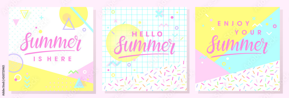 Set of artistic summer cards with bright background,pattern and geometric elements in memphis style.Abstract design templates perfect for prints,flyers,banners,invitations,covers,social media and more Set of artistic summer cards with bright background,pattern and geometric elements in memphis style.Abstract design templates perfect for prints,flyers,banners,invitations,covers,social media and more