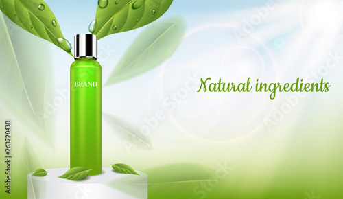 Serum with green leaves and shining light on round podium