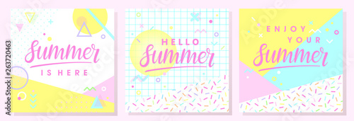 Set of artistic summer cards with bright background,pattern and geometric elements in memphis style.Abstract design templates perfect for prints,flyers,banners,invitations,covers,social media and more