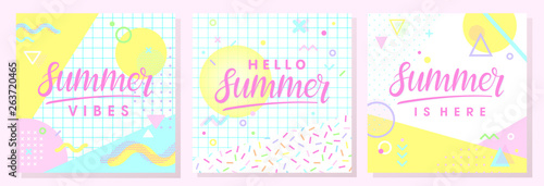 Set of artistic summer cards with bright background,pattern and geometric elements in memphis style.Abstract design templates perfect for prints,flyers,banners,invitations,covers,social media and more