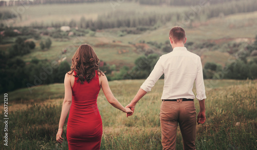 Back view couple walking away in the field, view of couple holding hands, lovers walking holding hands