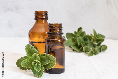 A bottle of mint essential oil with fresh mint leaves in the background.