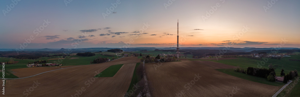 Panoramic view on the Hegau Mountains as seen from the summit of the mountain Witthoh near Tuttlingen in Germany.