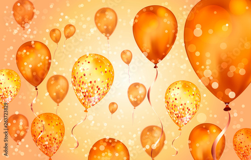 Elegant orange Flying helium Balloons with Bokeh Effect and glitter. Wedding, Birthday and Anniversary Background. Vector illustration for invitation card, party brochure, banner