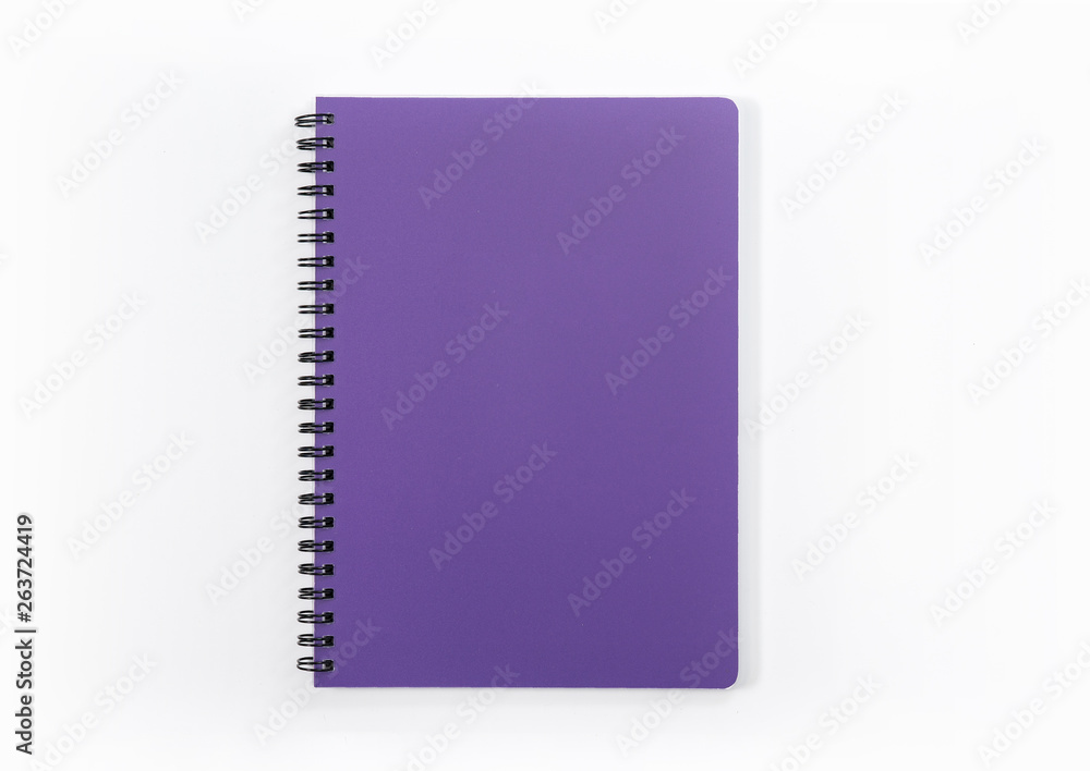 Business concept - Top view collection of spiral kraft notebook front, purple And white open page isolated on background for mockup Business concept - Top view collection of spiral kraft notebook front, purple And white open page isolated on background for mockup